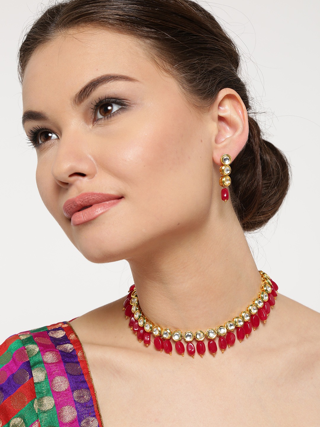 YouBella Pink  Gold-Toned Kundan Stone-Studded Jewellery Set